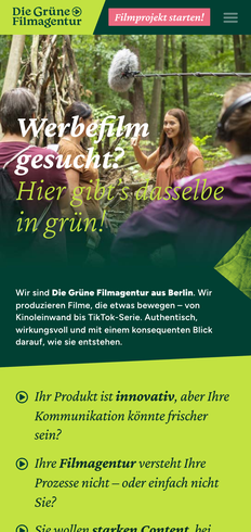 Film production website, built by MindWP, on a phone